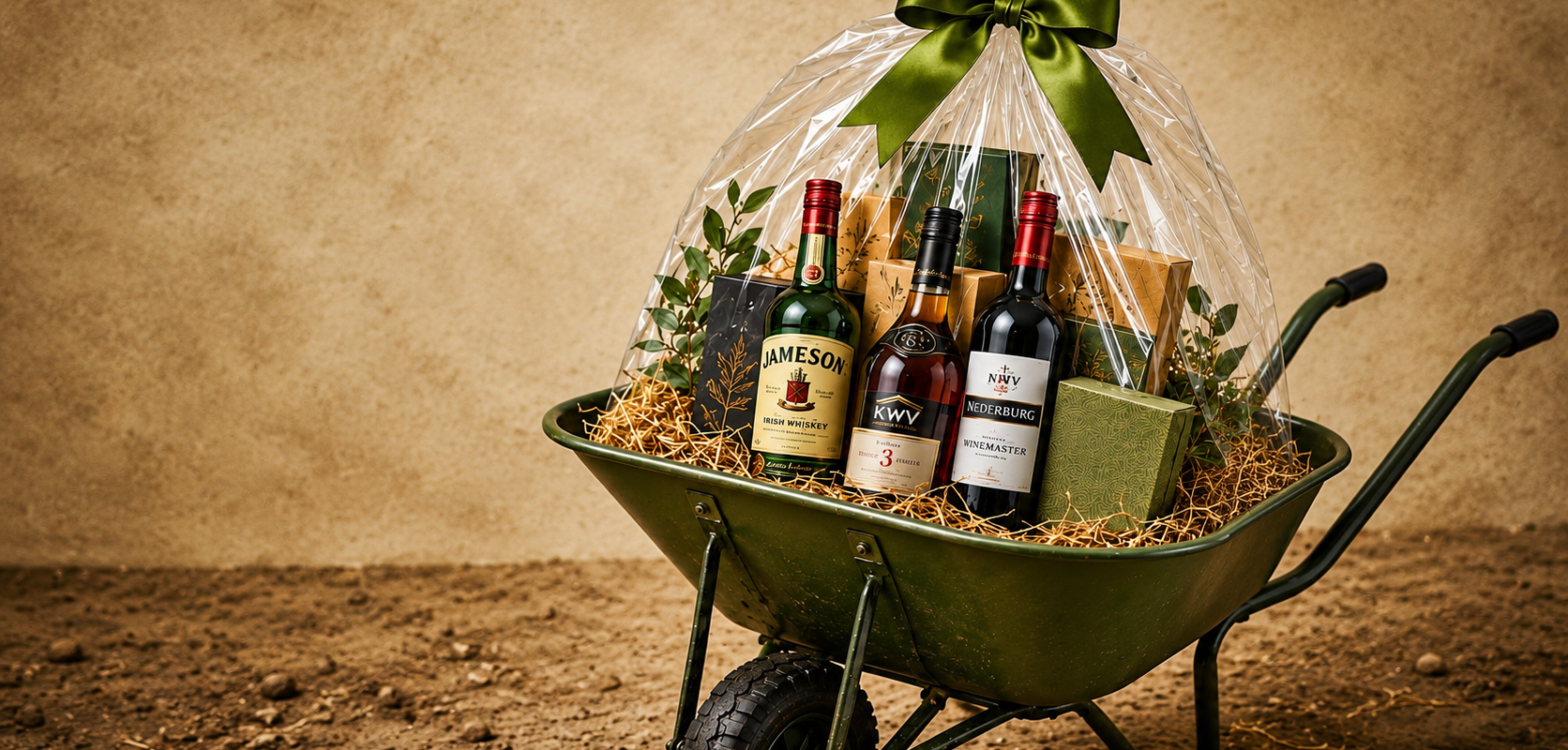 A photo of a wheelbarrow with a liquor hamper