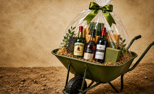 A photo of a wheelbarrow with a liquor hamper